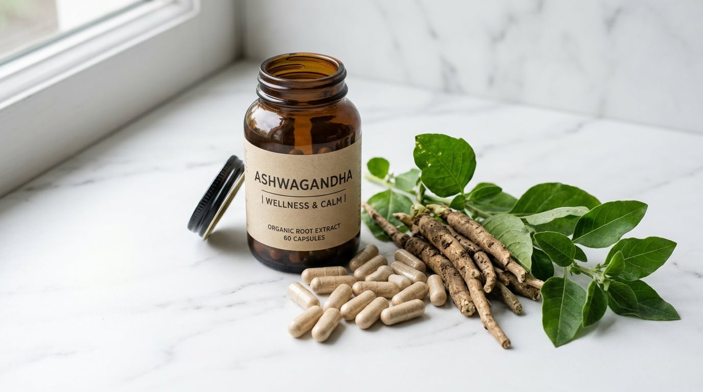 Supplement-Kapseln neben frischen Ashwagandha-Wurzeln und grünen Blättern