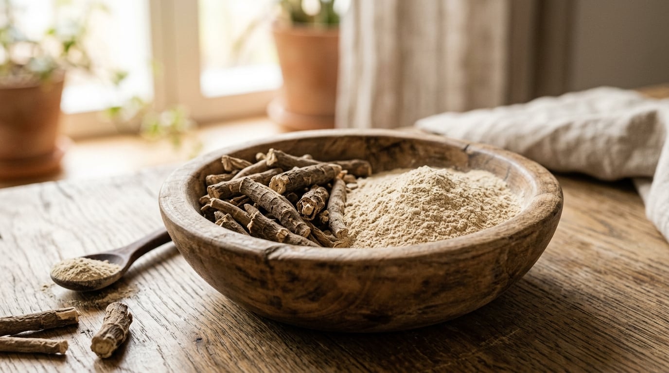Ashwagandha-Wurzel und Pulver in einer Holzschale auf einem natürlichen Tisch