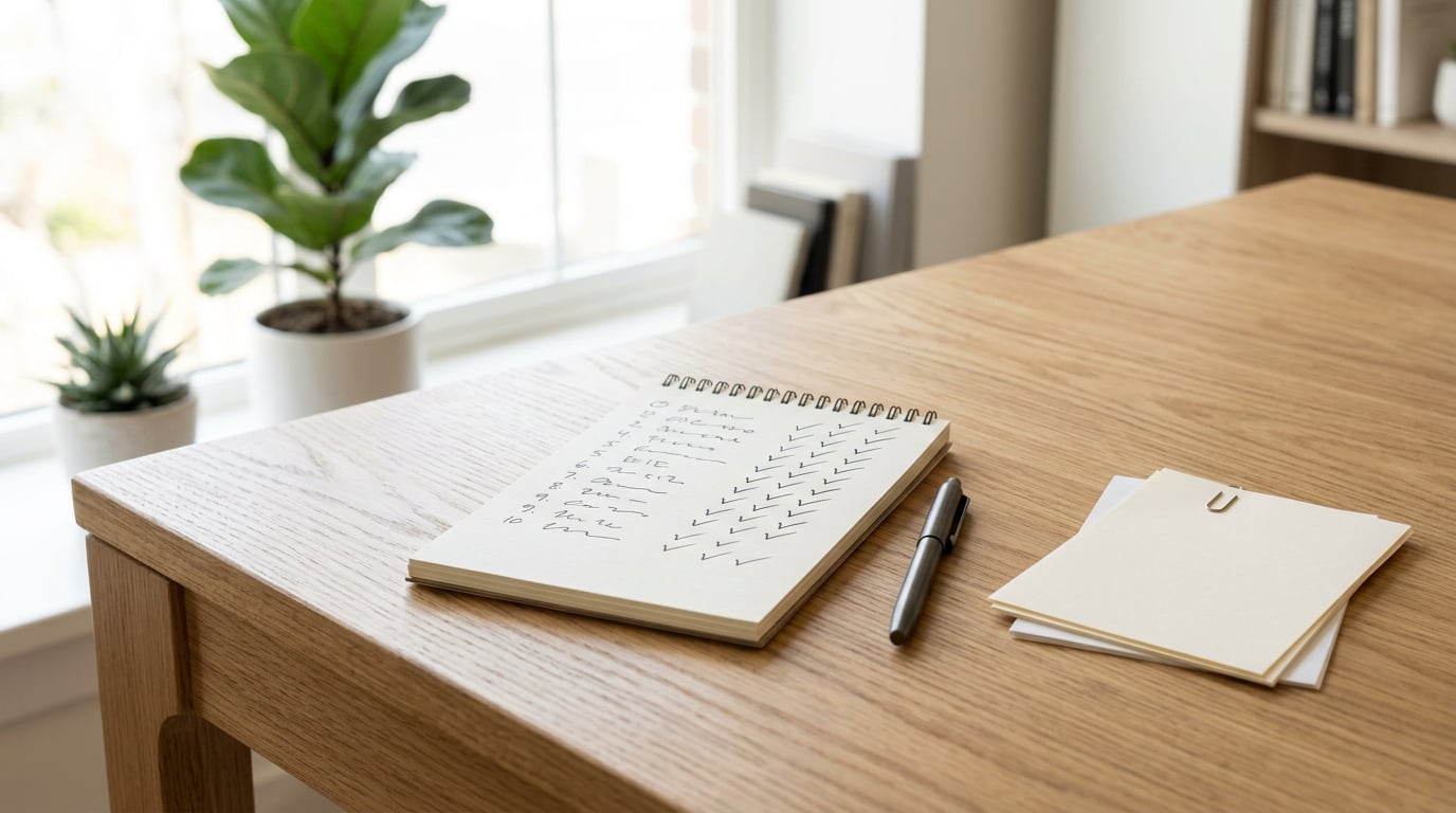 Bureau met notitieblok met vinkjes als symbool voor beoordeling en keuze