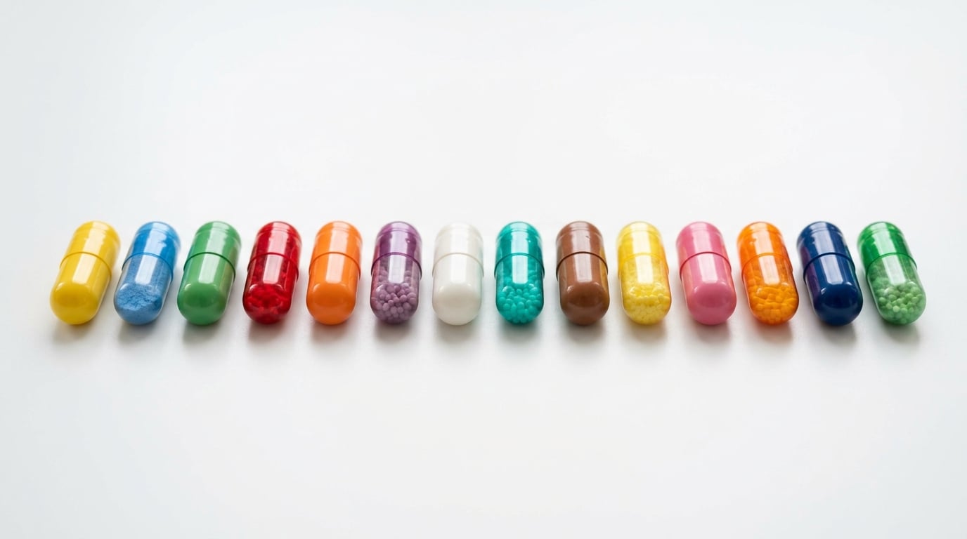 Rij van verschillende gekleurde capsules op een wit oppervlak ter vergelijking
