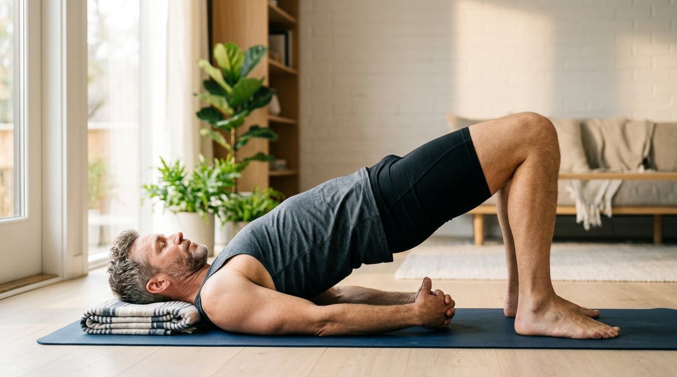 Fitten Mann macht Beckenboden- oder Yoga-Übung auf einer Matte zu Hause