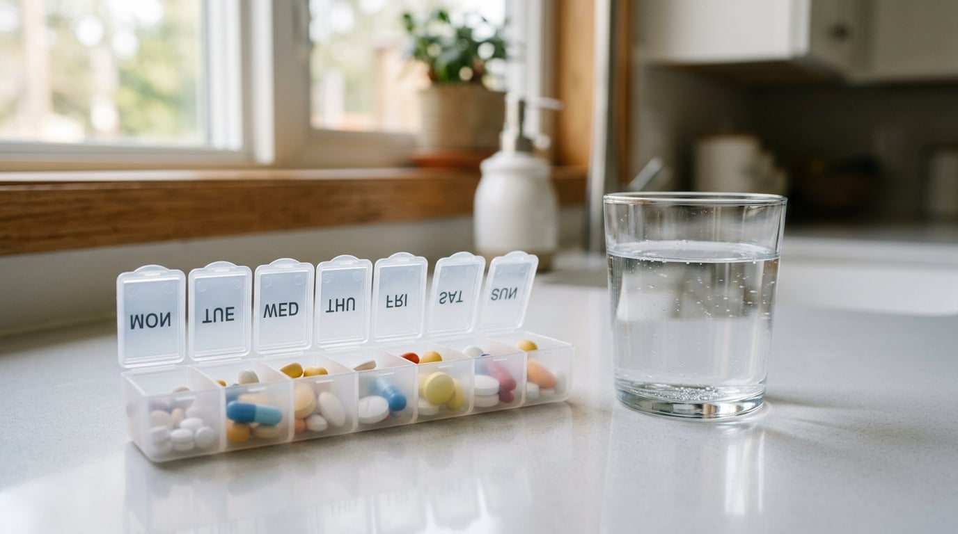 Weekpillendoos met diverse medicijnen naast een glas water