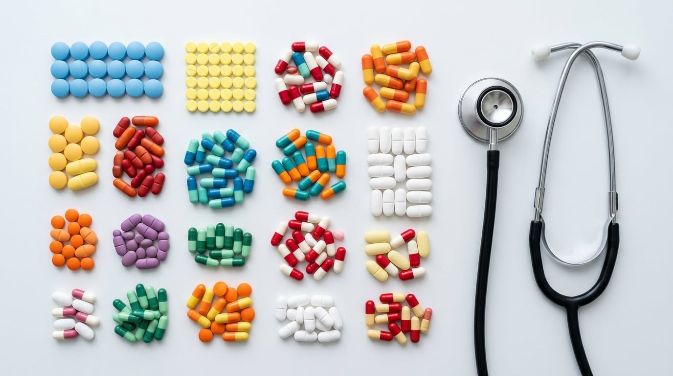 Diverse pillen en capsules naast een stethoscoop op een medisch oppervlak