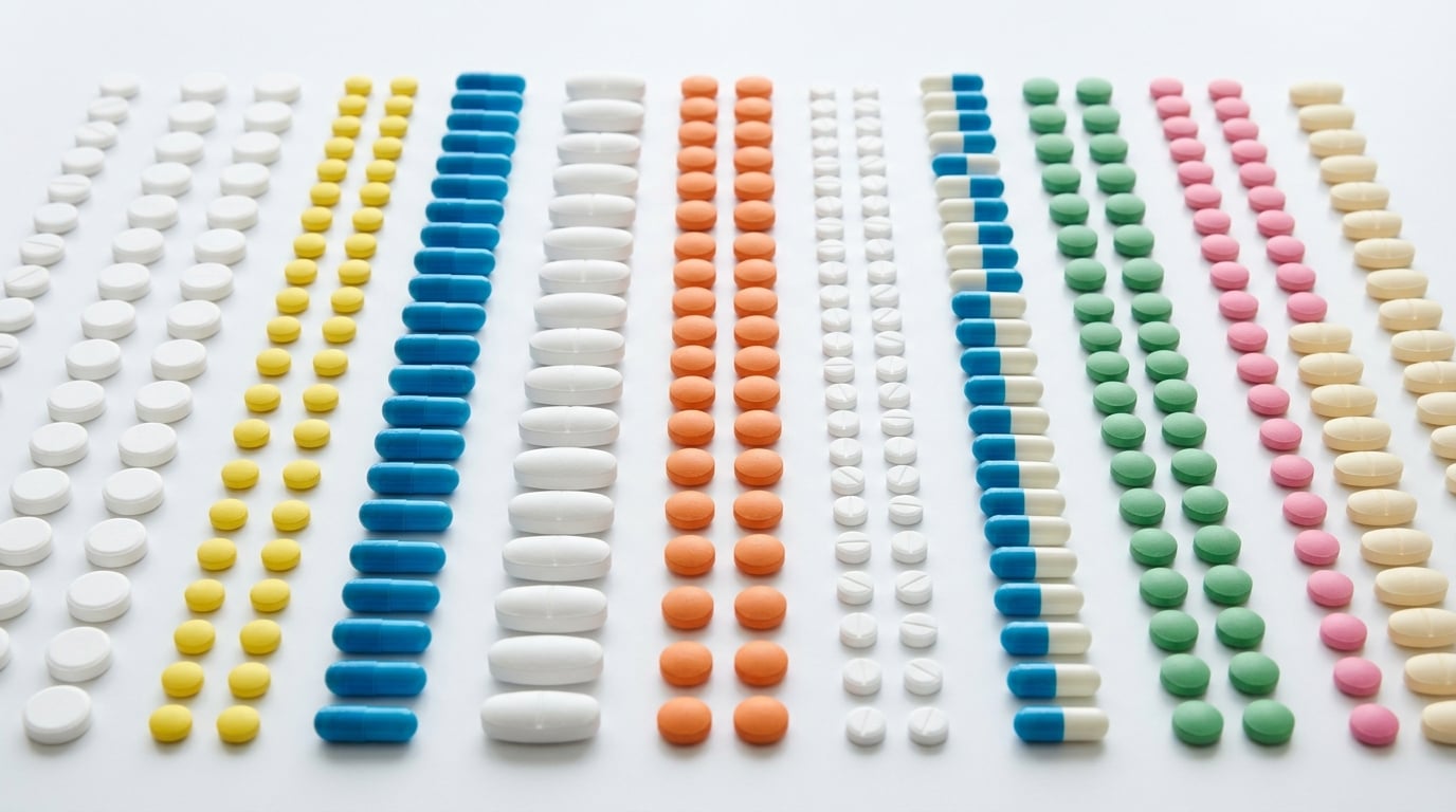 Overzicht van diverse piltypes en vormen op een wit oppervlak in apothekerstijl