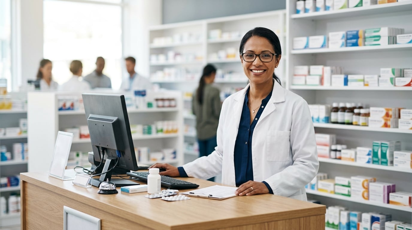 Vriendelijke apotheker achter een balie met een verwelkomende glimlach