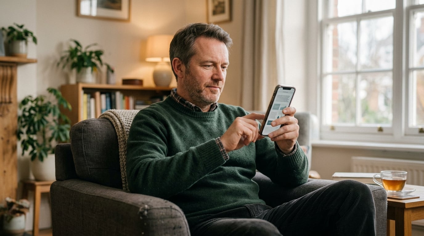 Man leest informatie op zijn telefoon thuis als bewuste consument