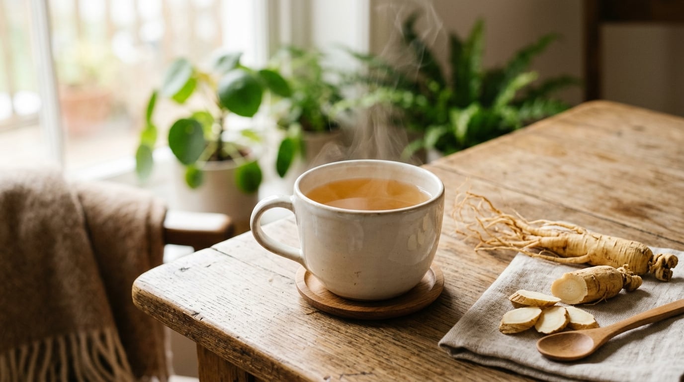 Dampfende Tasse Ginsengtee mit einer Ginsengwurzel daneben