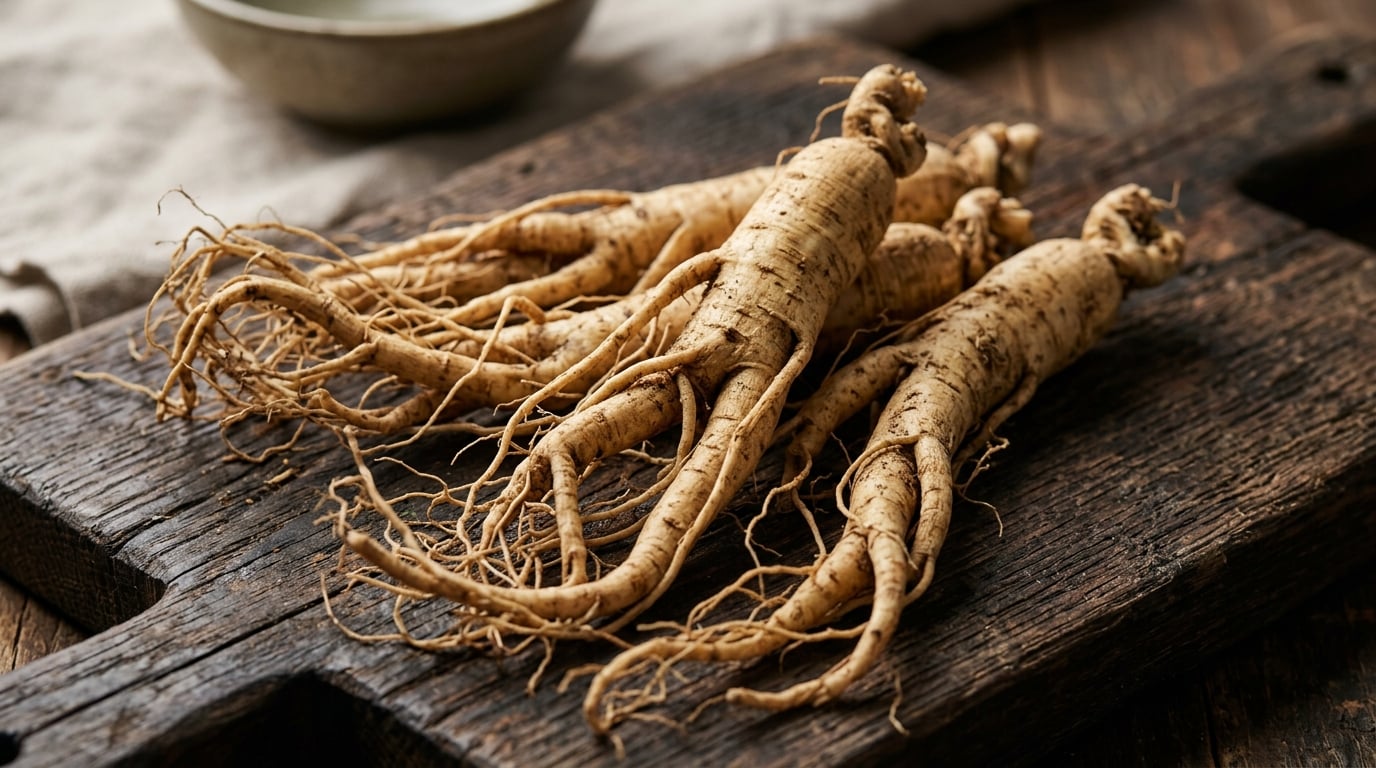 Frische Ginseng-Wurzeln mit charakteristischer Form auf einem rustikalen Holzbrett