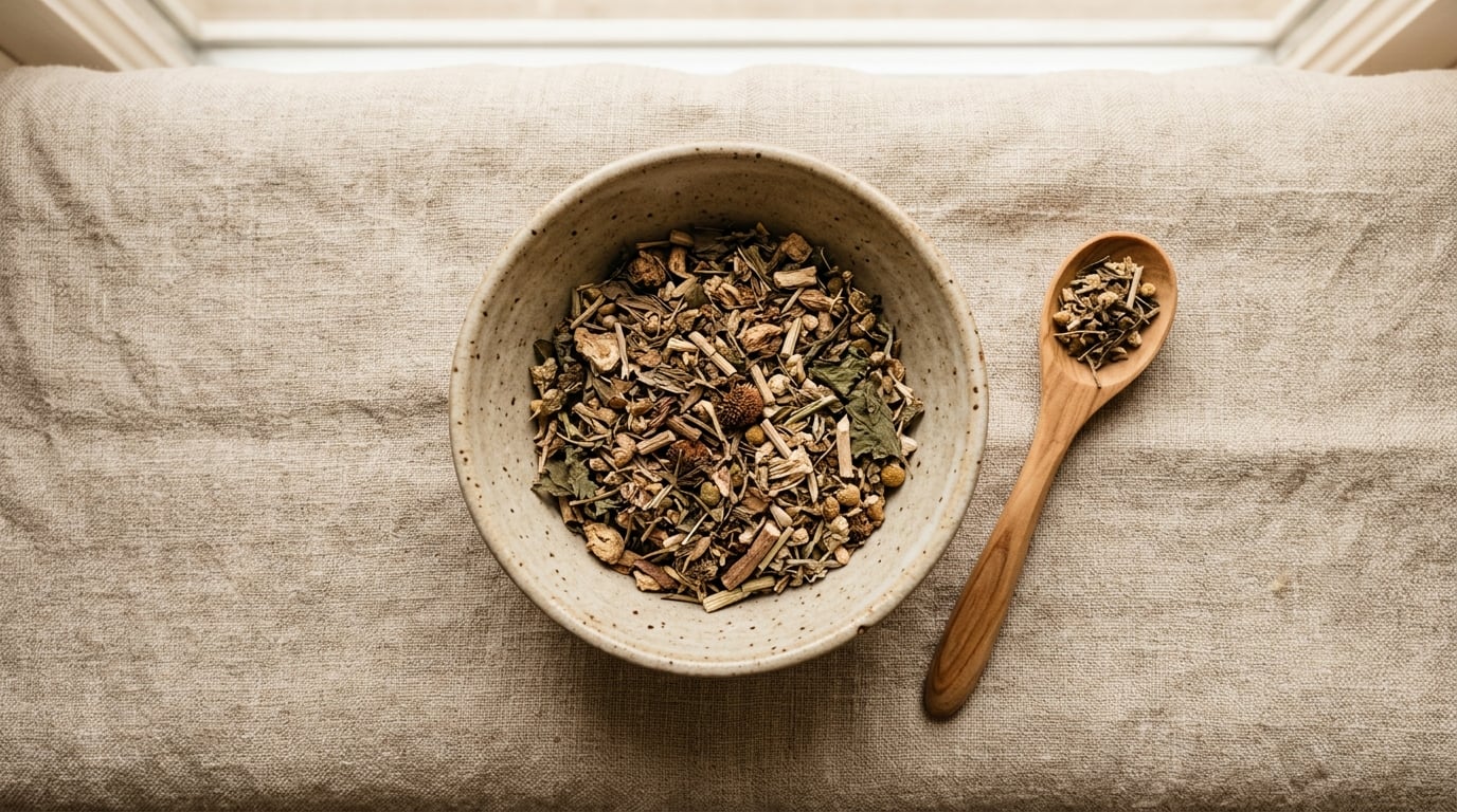 Getrocknetes Kräutersupplement in einer Schale mit Holzlöffel