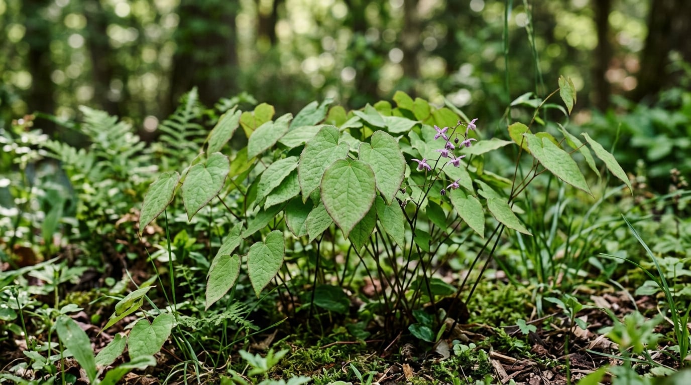 Epimedium-Pflanze (horny goat weed) mit herzförmigen grünen Blättern in der Natur
