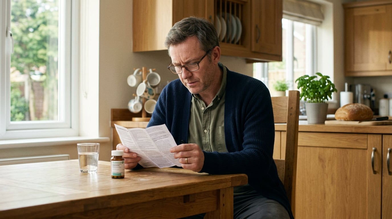 Man leest aandachtig de bijsluiter van zijn medicijn aan de keukentafel