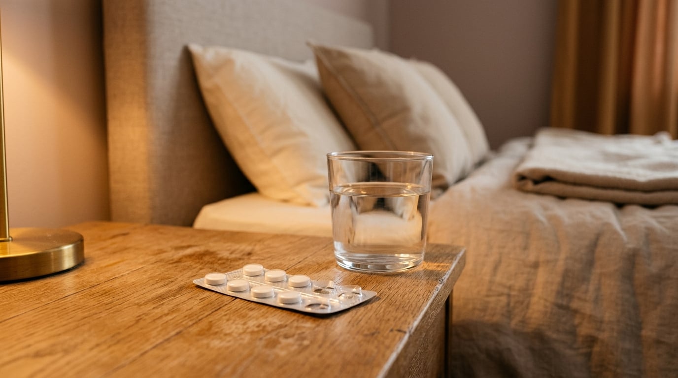 Blisterstrip met pillen naast een glas water op een nachtkastje