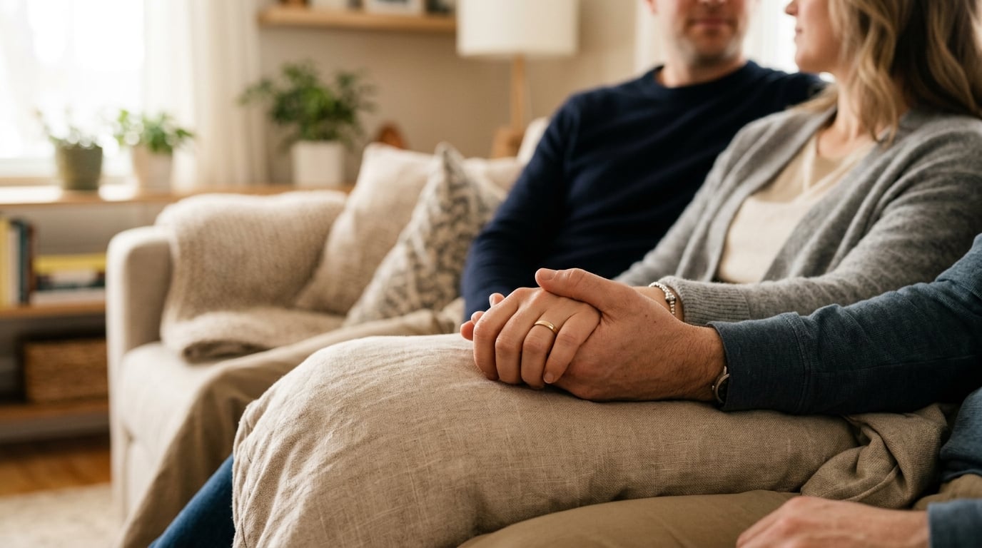 Stel houdt elkaars handen vast op de bank als teken van vertrouwen