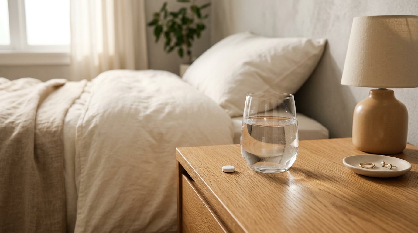 Glas water en één tablet op een schoon nachtkastje