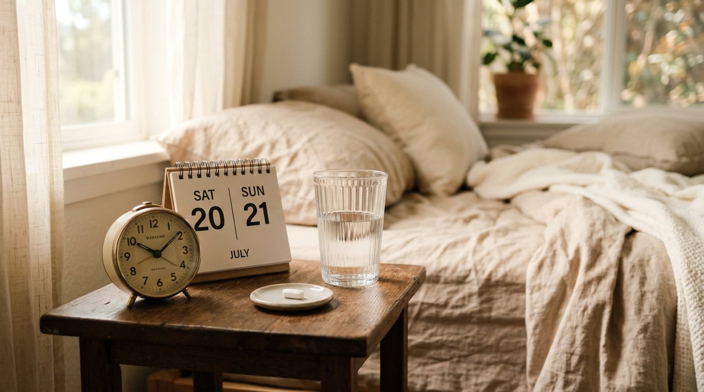 Nachtkastje met glas water en pil dat de langdurige werking van Cialis symboliseert