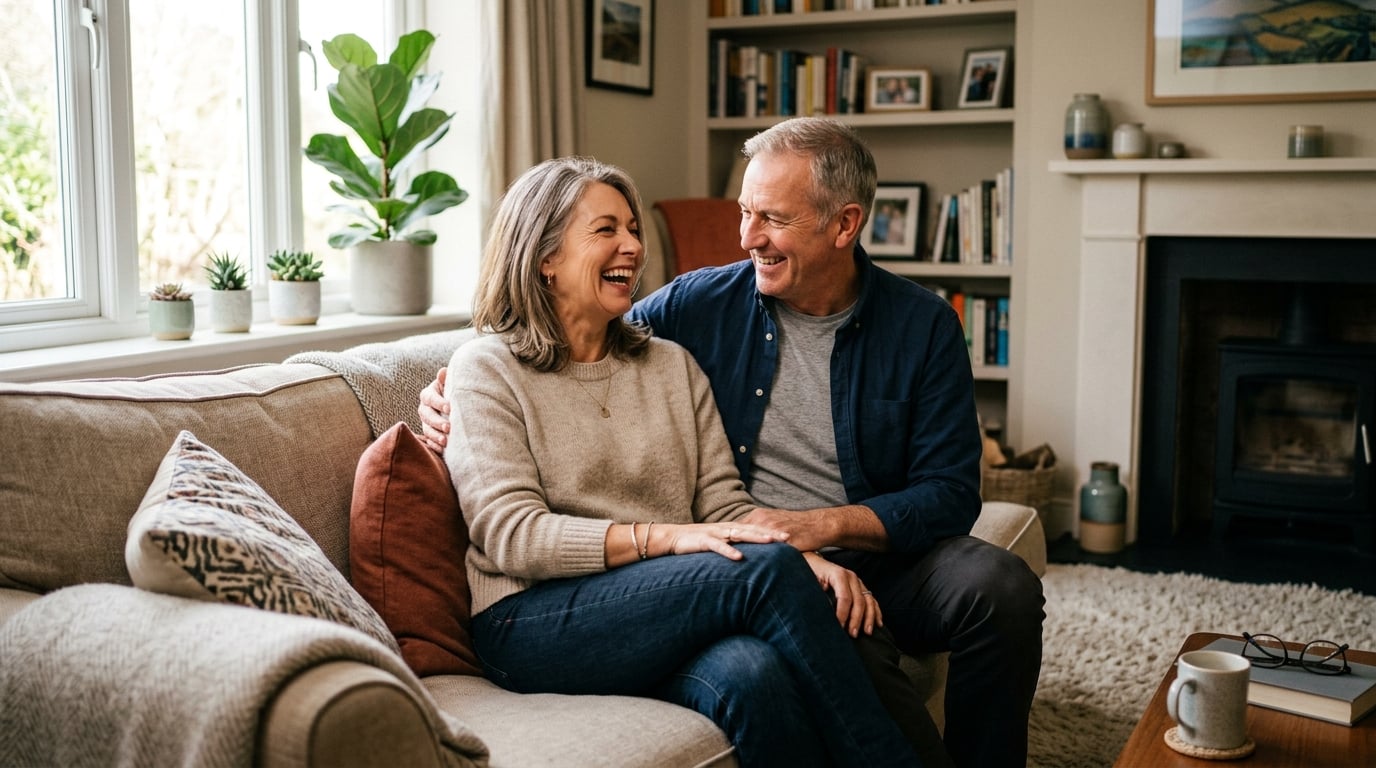 Gelukkig ouder stel dat samen lacht en ontspant op de bank thuis