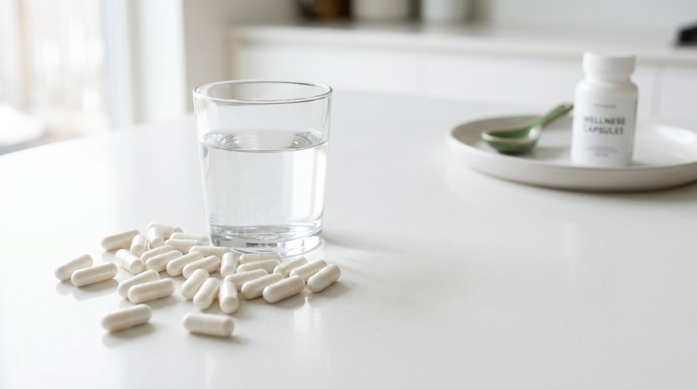 L-arginin Supplementkapseln neben einem Glas Wasser auf sauberem Untergrund