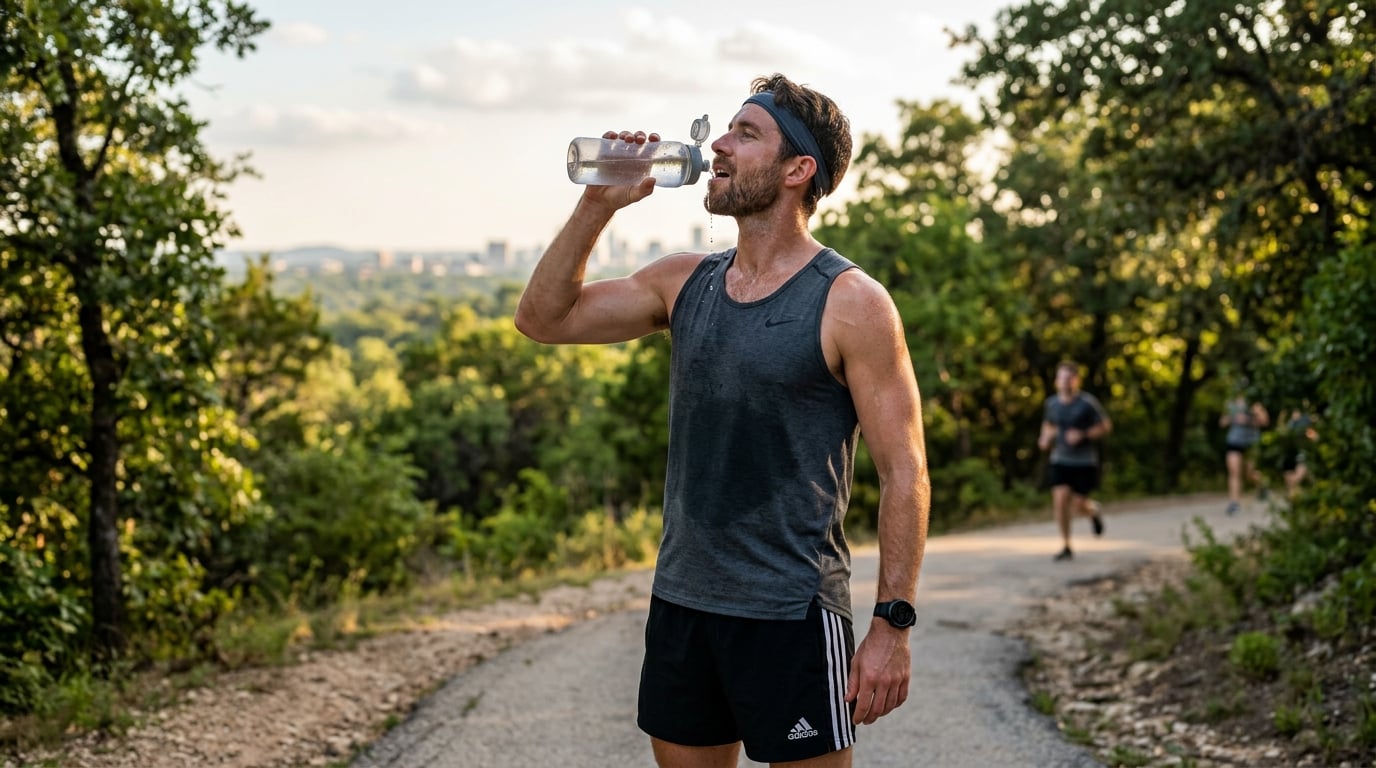 Fitten Mann trinkt Wasser nach dem Sport bei natürlichem Tageslicht