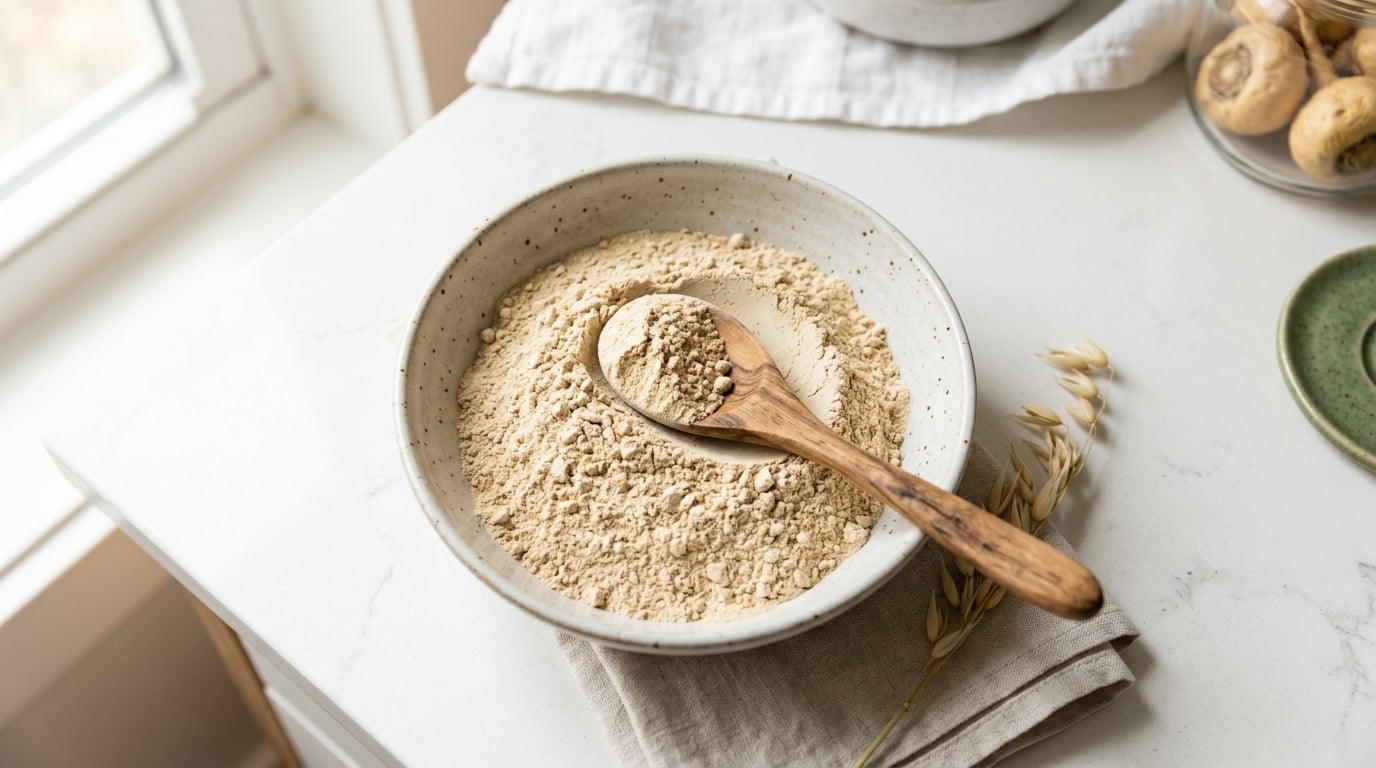 Maca-Wurzelpulver in einer Schale mit Holzlöffel im natürlichen Licht