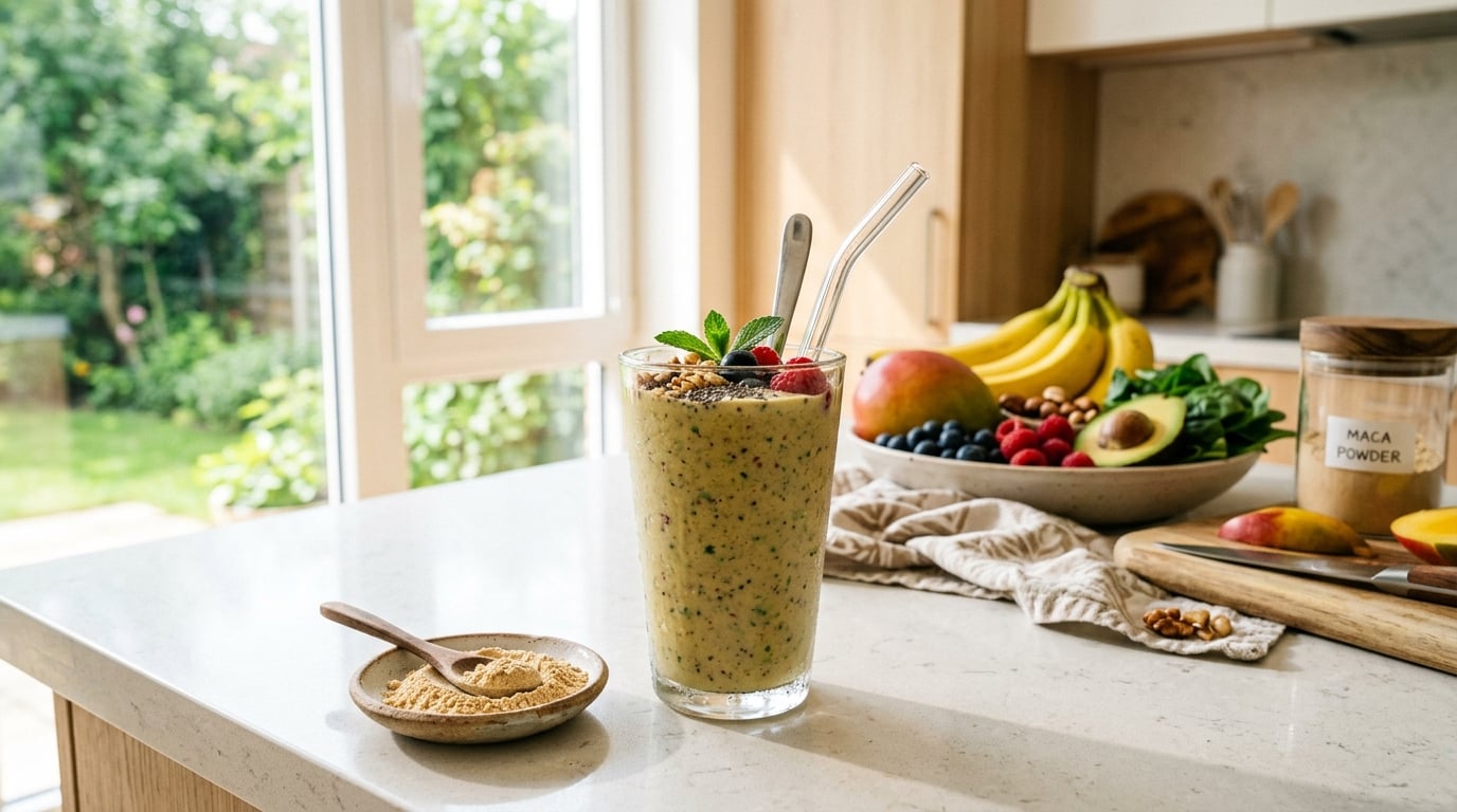 Gesunder Smoothie mit Maca-Pulver auf einer Küchenarbeitsplatte