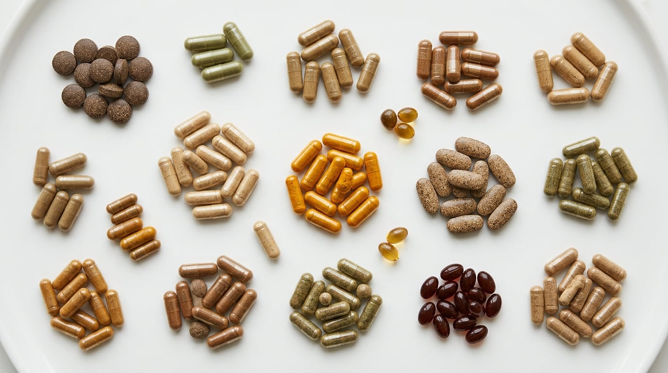 Sortiment natürlicher Kräutersupplement-Kapseln auf weißem Untergrund