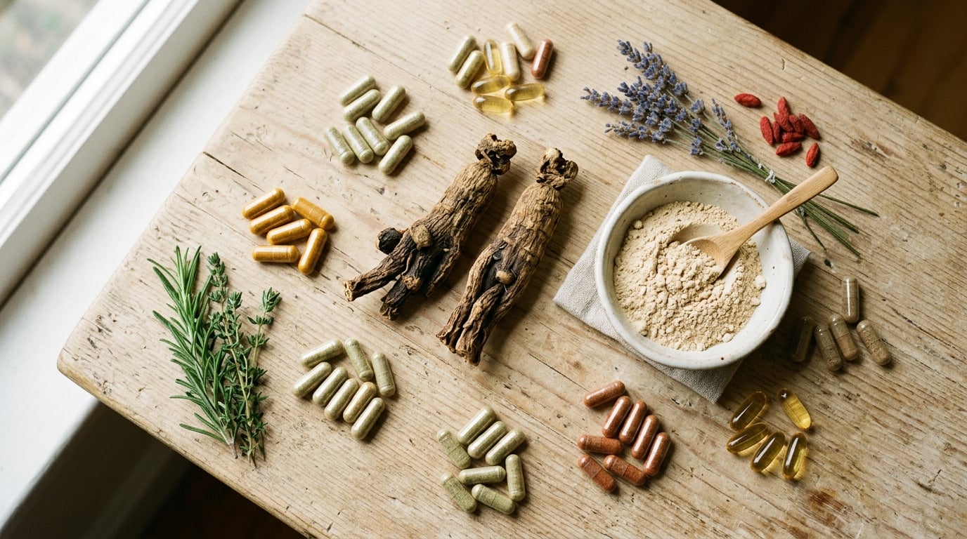 Natürliche Kräuter und Wurzeln wie Ginseng und Maca mit Kapseln