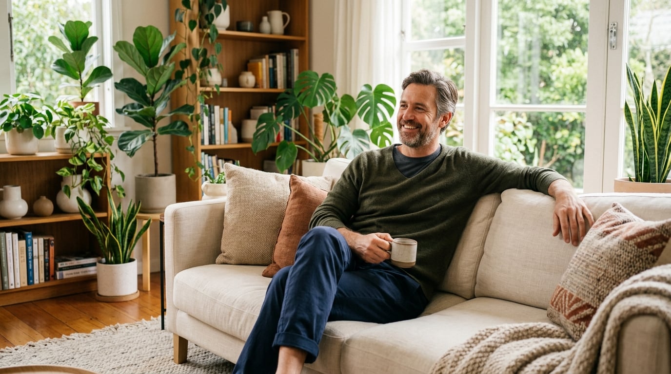 Selbstbewusster entspannter Mann zuhause auf der Couch