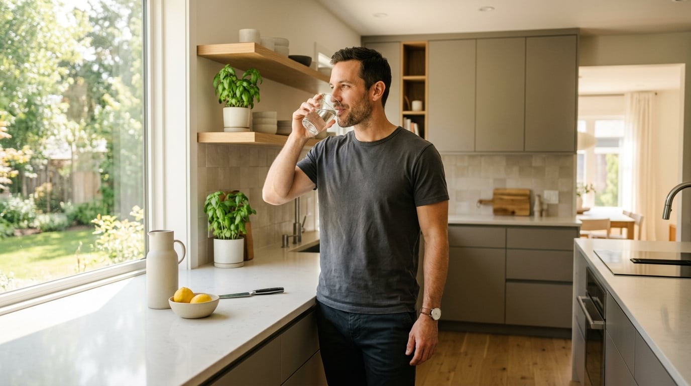 Fitte man drinkt een glas water in een lichte moderne keuken