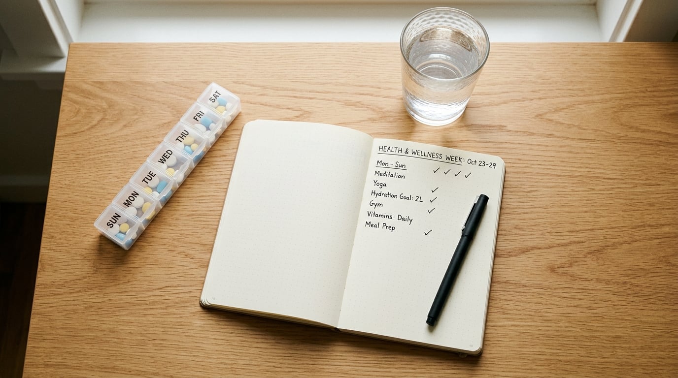 Glas water, pillendoos en notitieboek op een bureau als symbool voor gezondheidsplanning