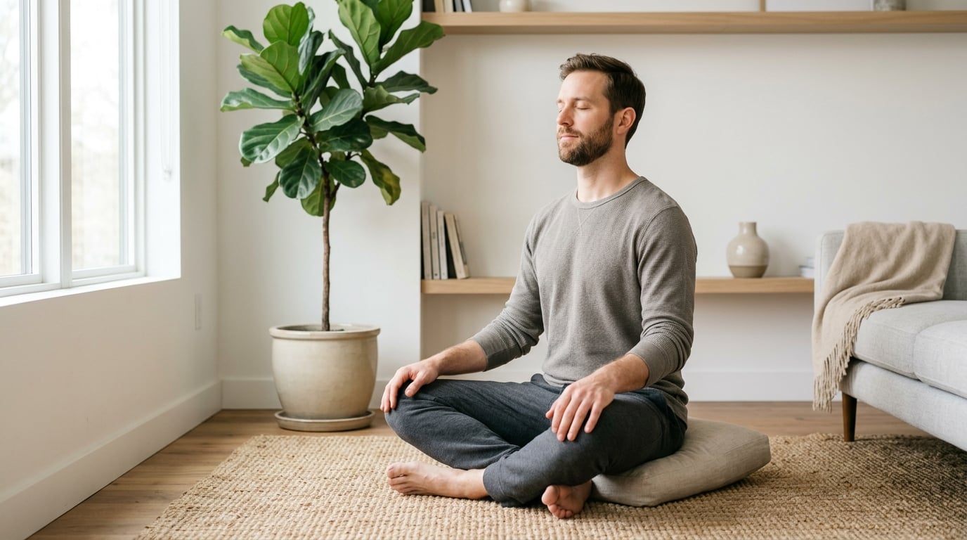 Kalme man doet ademhalings- en mindfulness oefeningen thuis in natuurlijk licht