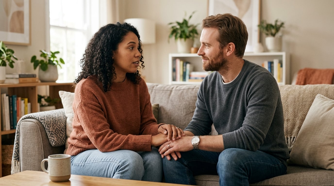 Ondersteunend stel zit dicht bij elkaar op de bank in een open gesprek