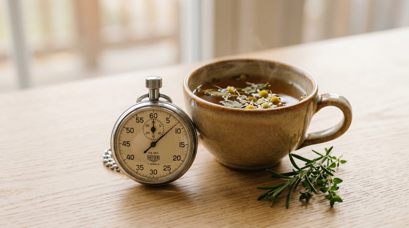 Stopwatch naast een kop thee op een houten tafel als symbool voor timing en controle