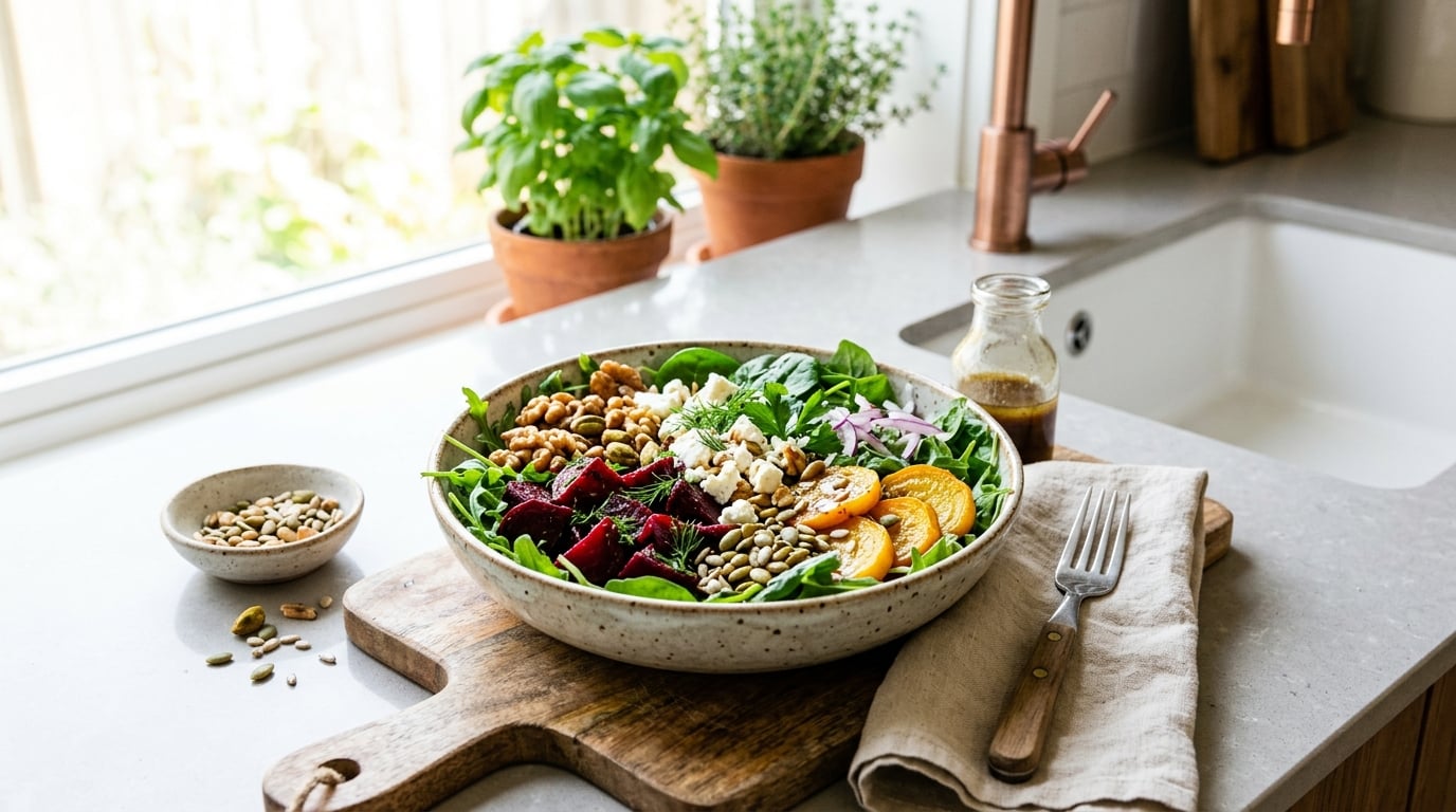 Bunter gesunder Salat mit Roter Bete und grünen Blättern auf einer Küchenarbeitsplatte
