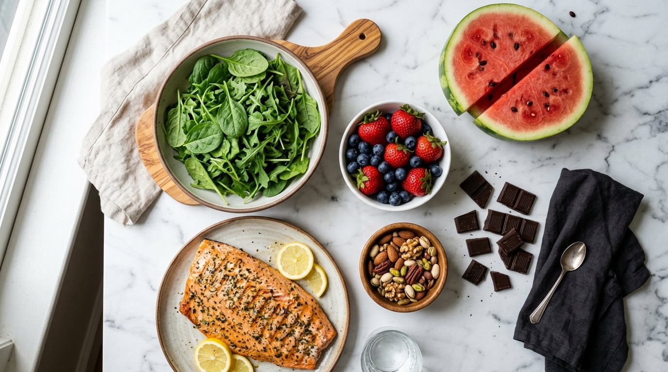 Flat-lay von erektionsfördernder Ernährung wie Zartbitterschokolade, Beeren, Nüssen und Lachs
