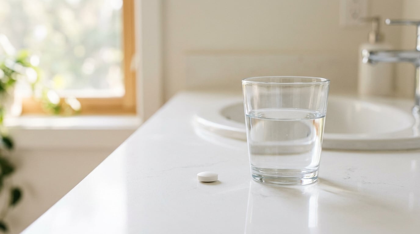 Weiße Dapoxetin-Tablette neben einem Glas Wasser auf sauberer Oberfläche