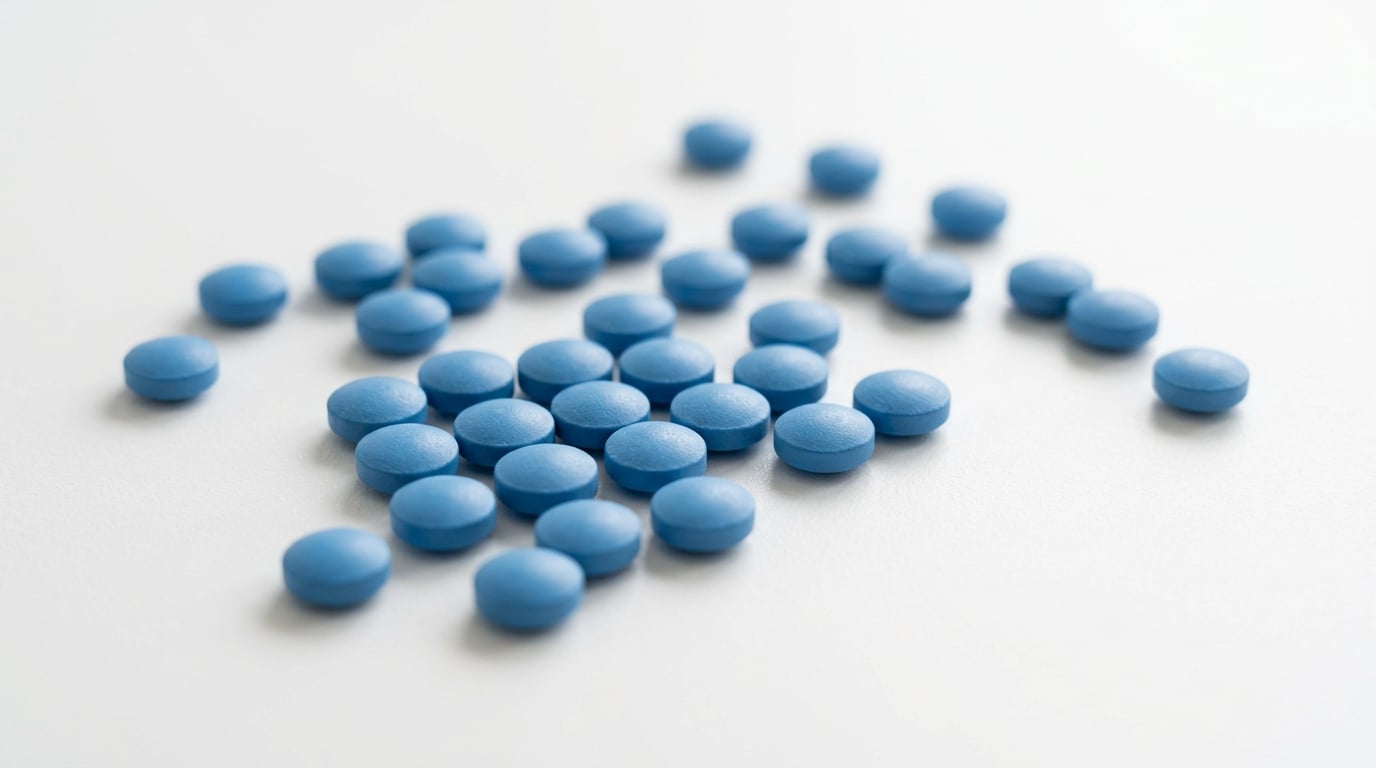 Makroaufnahme kleiner blauer Sildenafil-Tabletten auf weißem Hintergrund