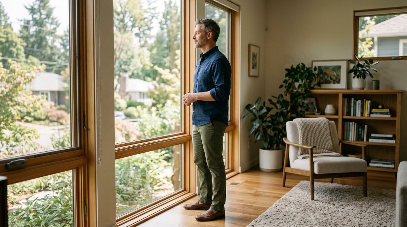 Selbstbewusster entspannter Mann am Fenster bei natürlichem Tageslicht