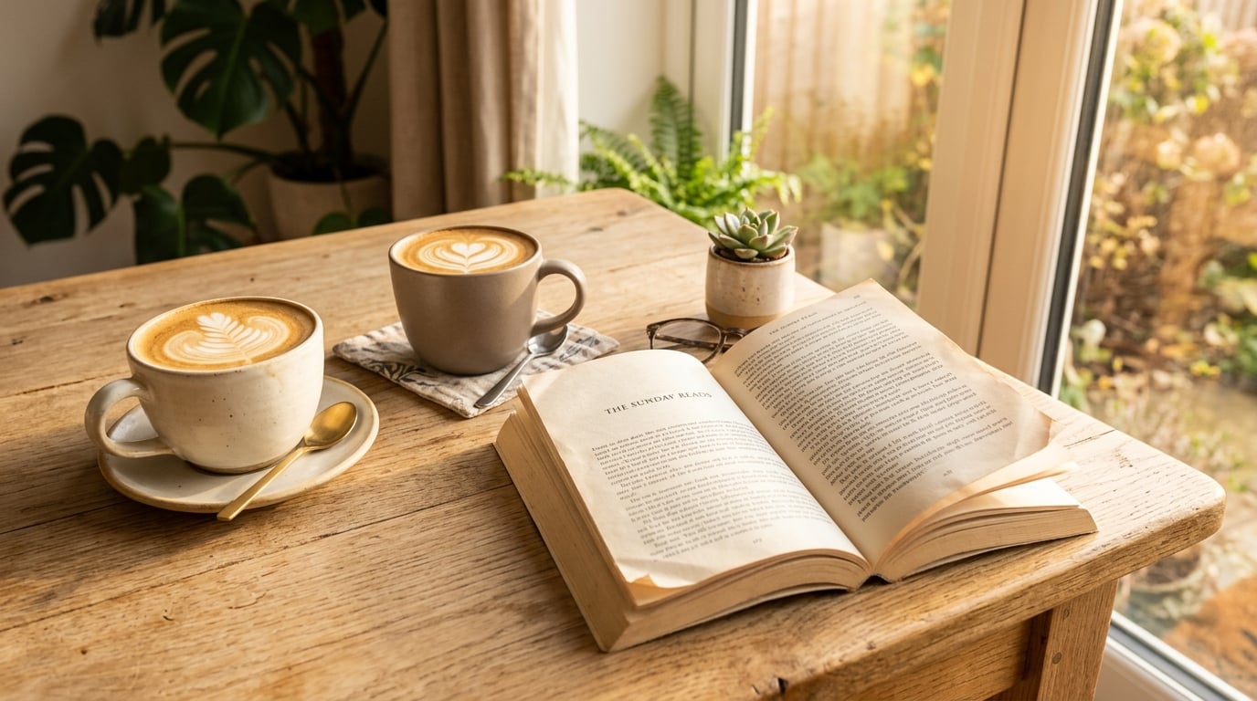 Gemütliche Wochenendstimmung mit Kaffee und Buch im Morgenlicht