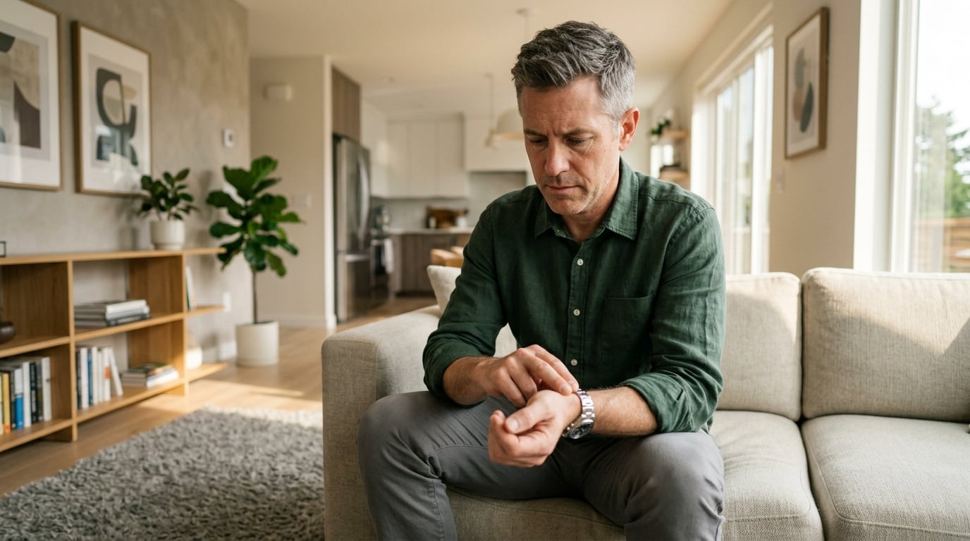 Besorgter Mann mittleren Alters misst seinen Herzschlag