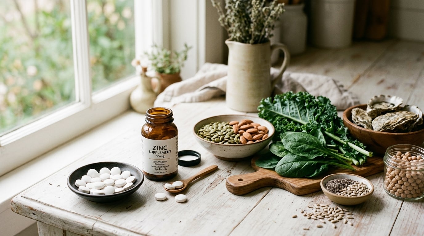 Zink-Supplementtabletten neben gesunden zinkreichen Lebensmitteln