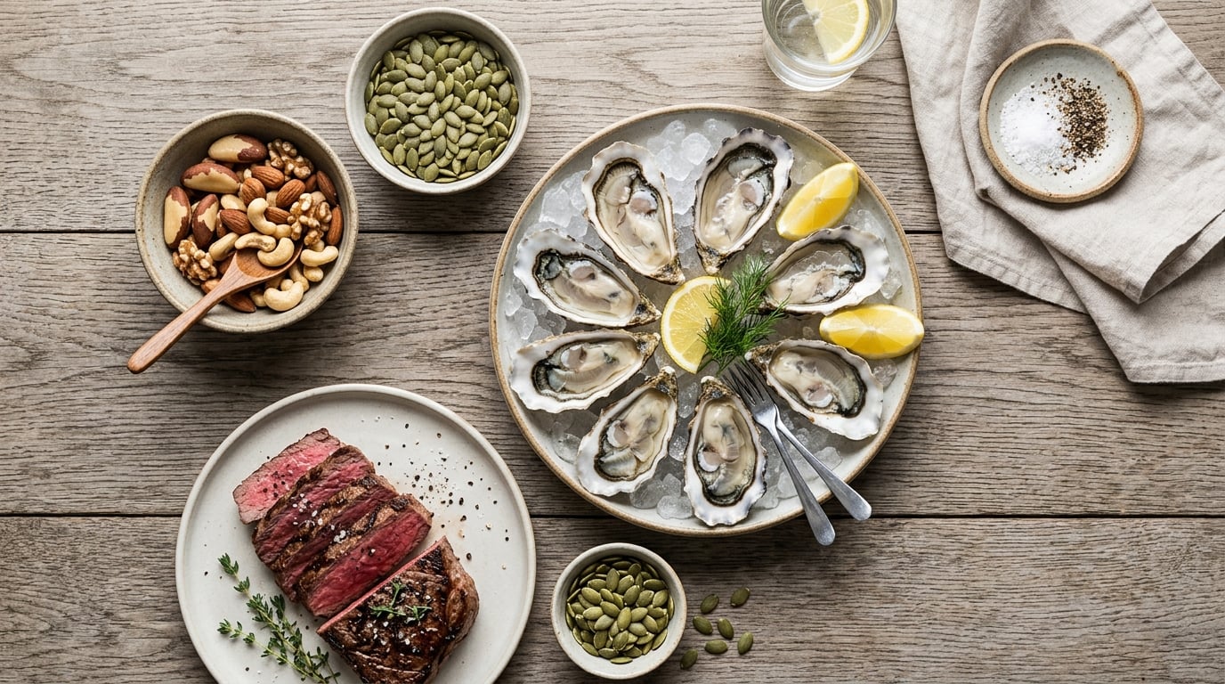 Flatlay von zinkreichen Lebensmitteln wie Austern, Nüssen, Samen und Fleisch
