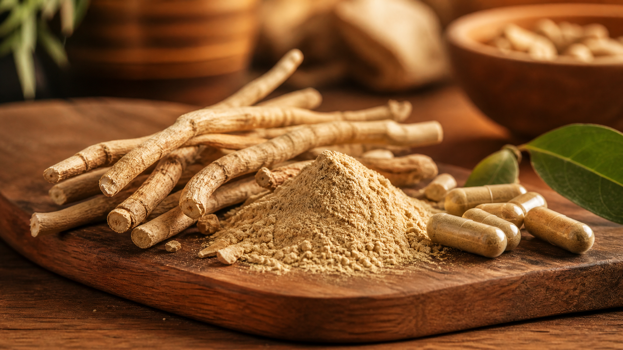 Ashwagandha-wortel en poeder op een houten plank met capsules — ashwagandha libido mannen