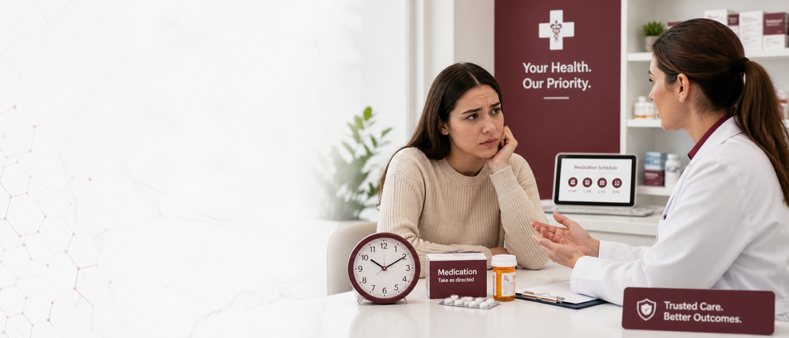 Erectiepil werkt niet — man consulteert medische informatie met klok en medicatie
