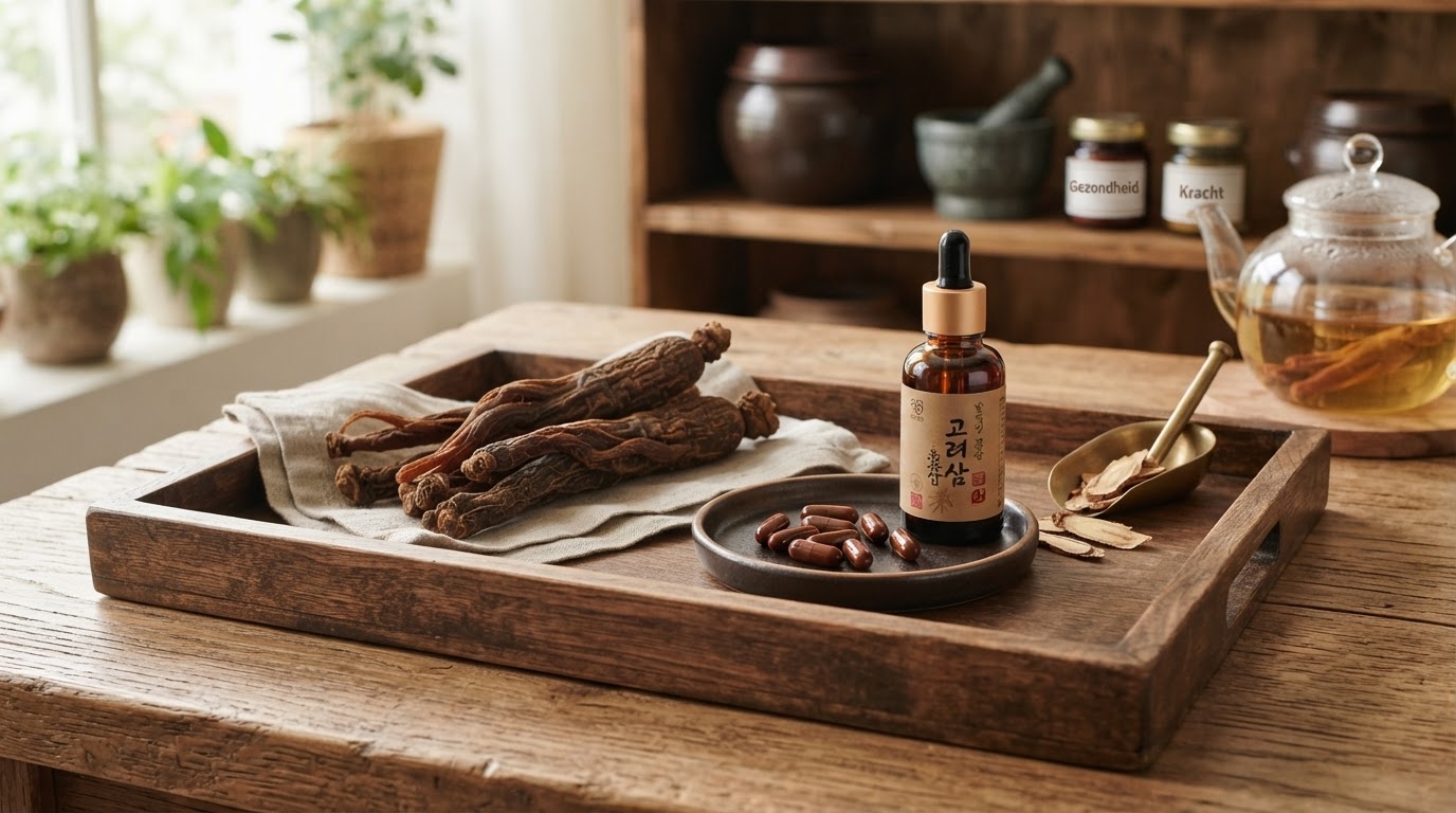 Rode Koreaanse ginseng-wortels, ginseng-capsules en ginsengthee op een houten dienblad &mdash; natuurlijk middel voor erectie en vitaliteit