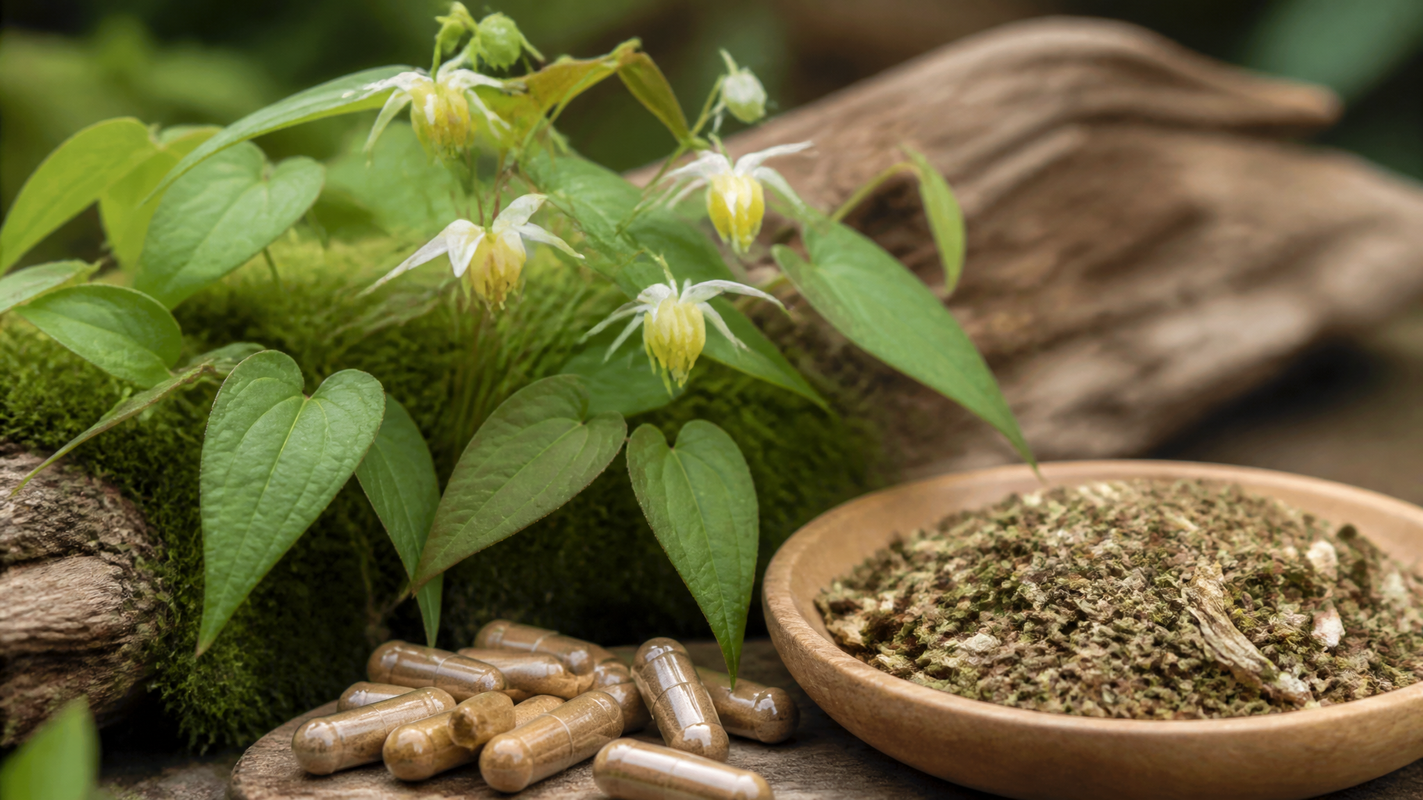 Epimedium (horny goat weed) plant en capsules in een natuurlijke setting — horny goat weed werking erectie