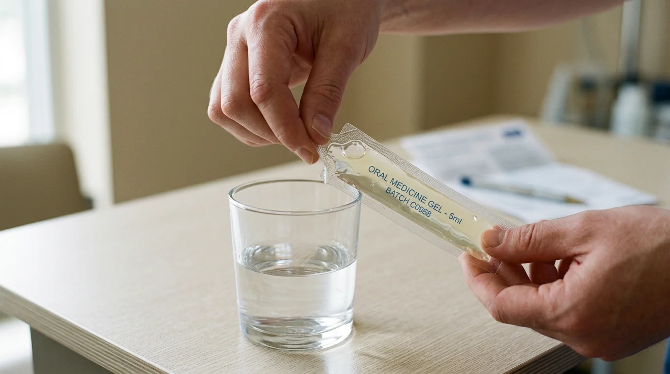 Hand, die ein Sachet Kamagra Oral Jelly über einem Glas Wasser öffnet