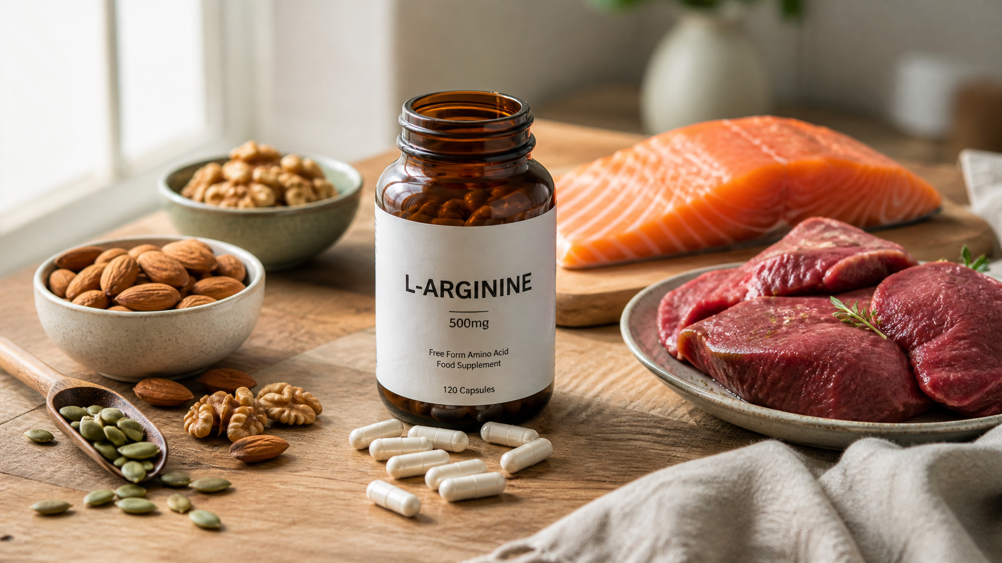 L-arginine supplementcapsules, amandelen, pompoenpitten, walnoten en zalm op een houten tafel &mdash; voedingsbronnen en supplementen voor de erectie