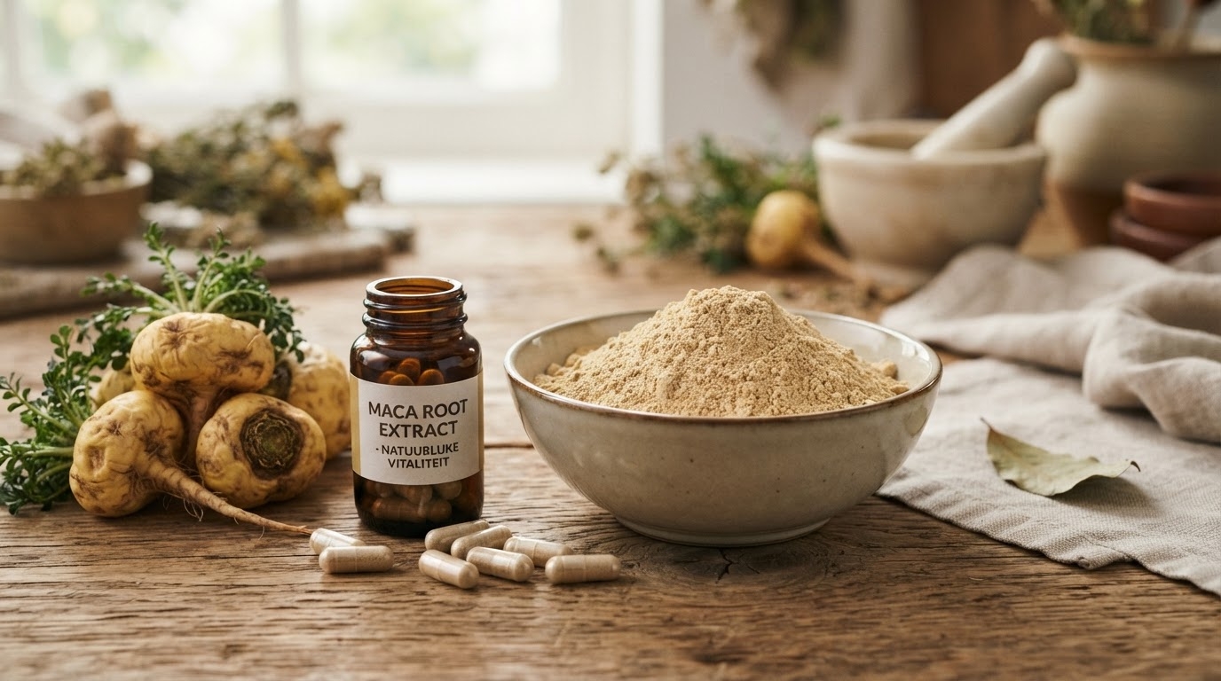 Maca-wortel extract capsules en maca-poeder in een kom op een houten tafel &mdash; natuurlijk supplement voor libido en erectie