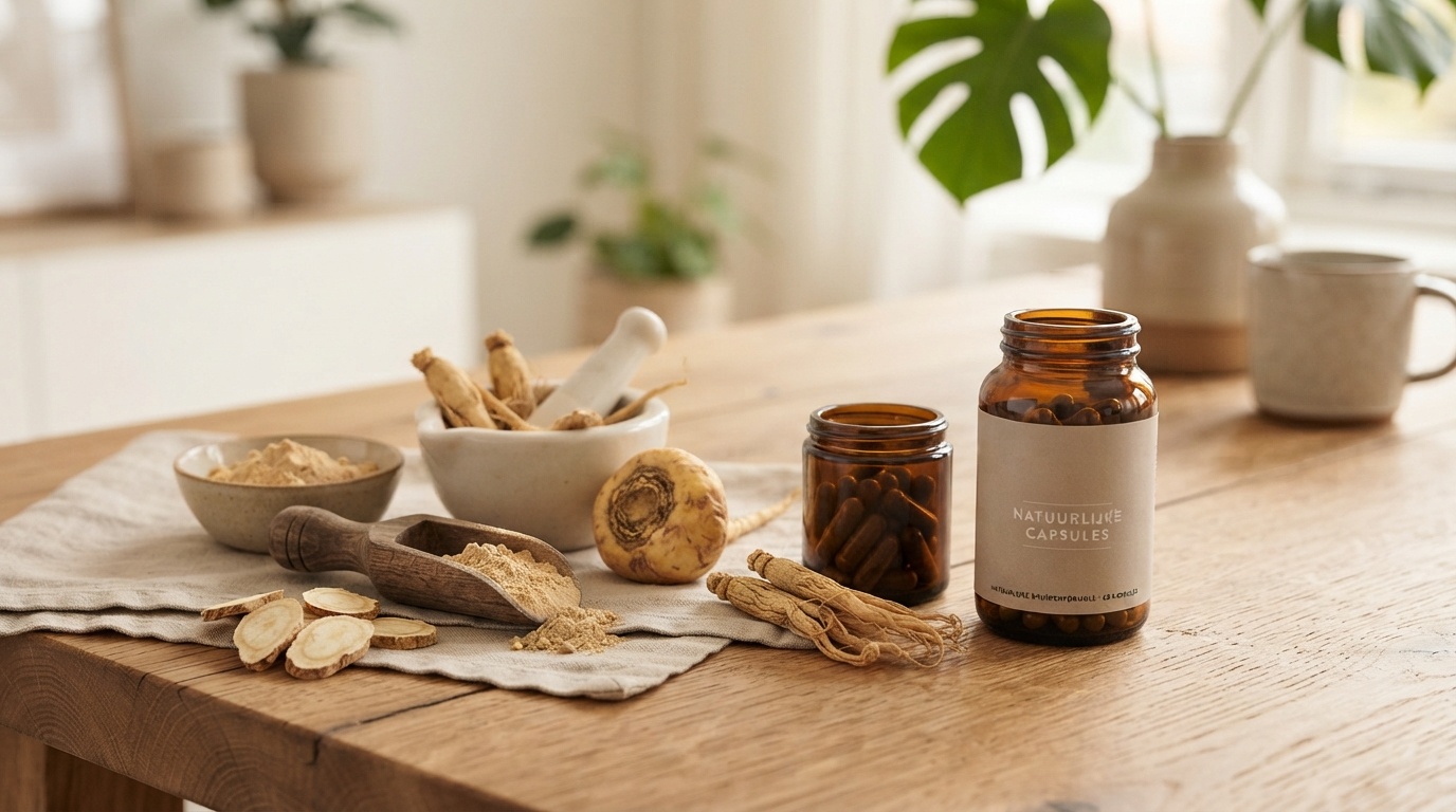 Natuurlijke erectiepillen zonder recept: maca-wortel, ginseng, kruidenpoeder en supplementcapsules op een houten tafel