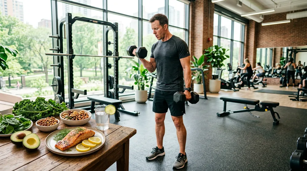 Gesunde Mahlzeit mit Eiern, Fisch, Nüssen und Gemüse neben Sportschuhen, Symbol für die natürliche Erhöhung von Testosteron
